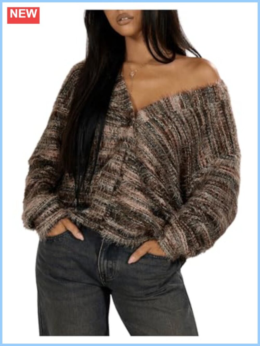 Oversized Striped Button Front Cardigan Long Sleeve V Neck Knit